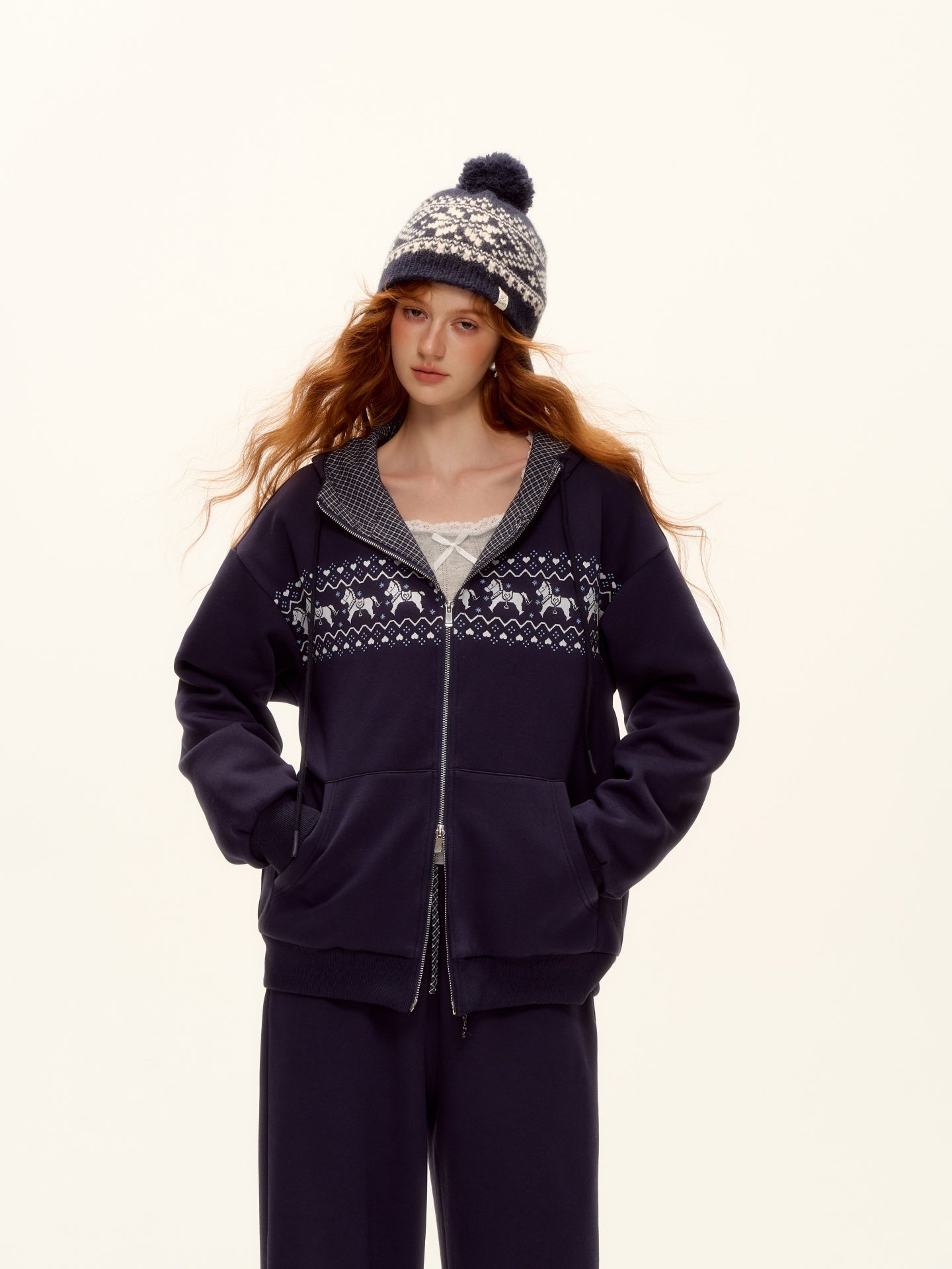 AsGony ASG25498&amp;ASG25499 Fel Island printed hooded jacket + pants set