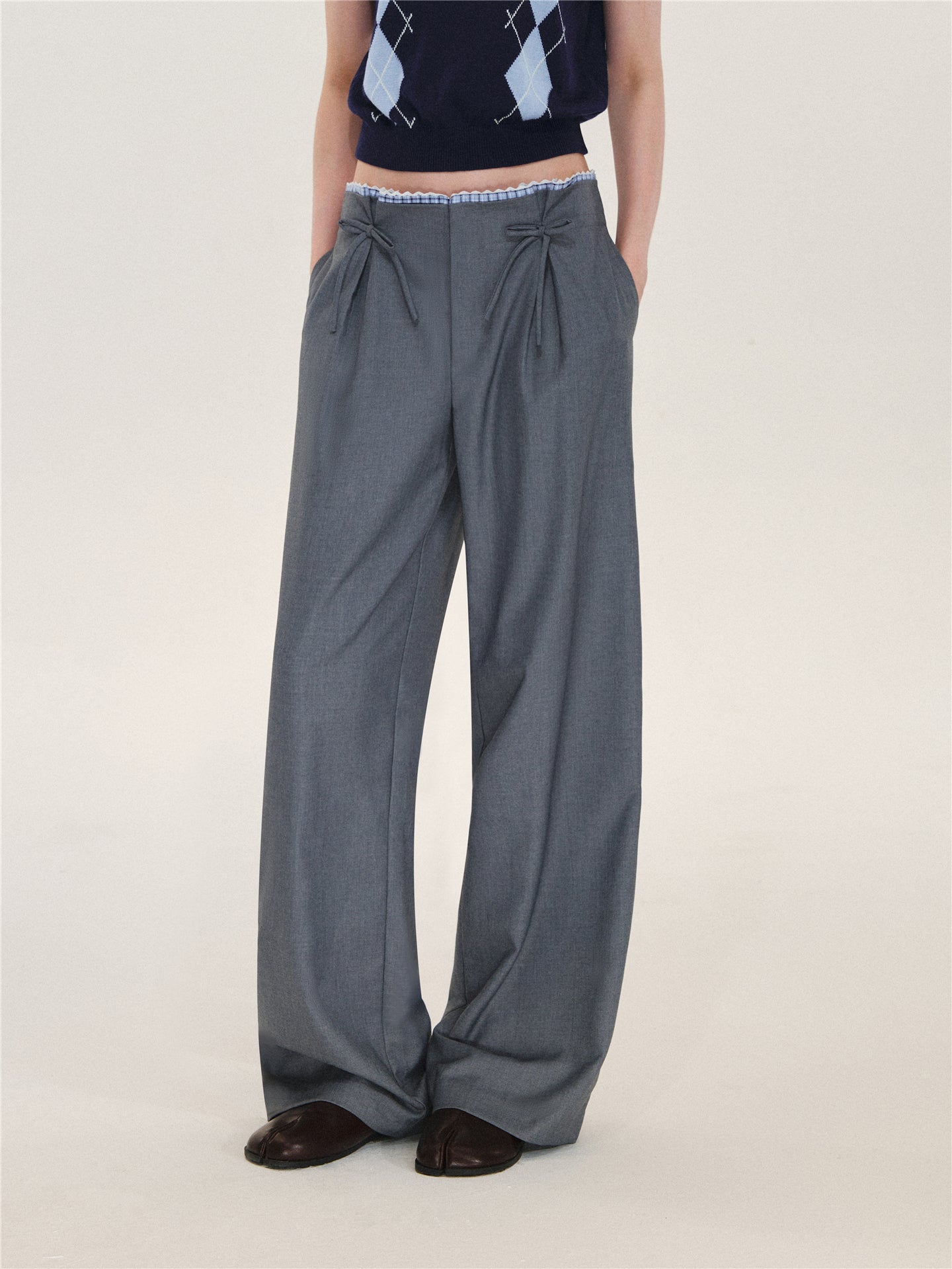 Asgony ASG26627 Plaid Lace-Trim Pleated-Waist Trousers