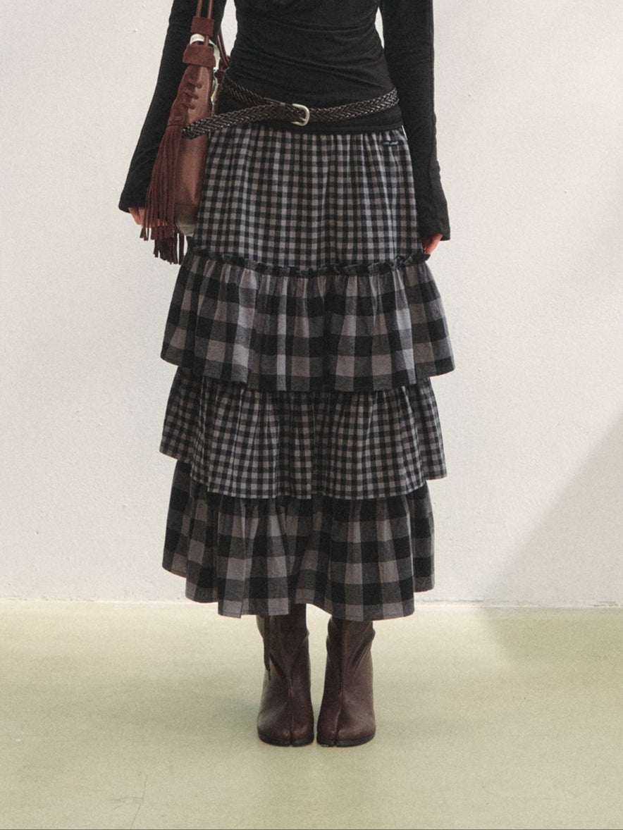AsGony ASG25288 Plaid patchwork lace waist multi-layer long skirt