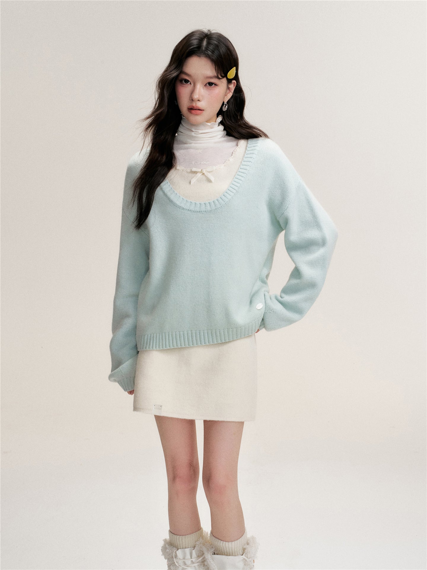 16DEWS 16D25463 Fake two piece contrasting wool knitted sweater