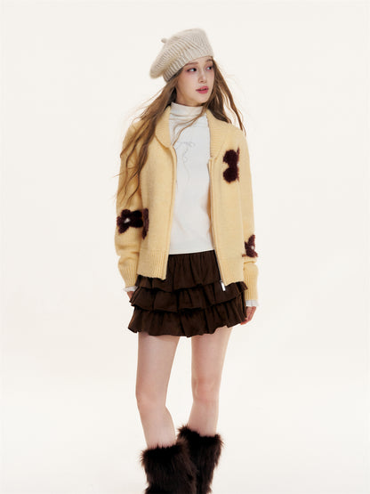 16DEWS 16D25433 Flower jacquard zipper cardigan