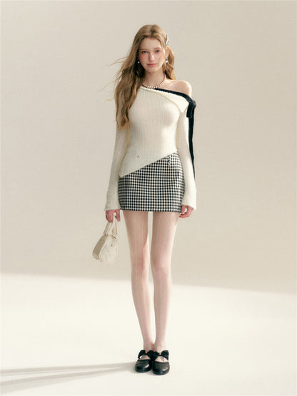 16DEWS 16D26008 Classic black and white grid spun wool A-line skirt