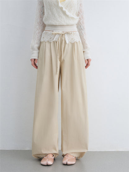 AsGony ASG26024 Lace patchwork drawstring waist wide leg casual pants