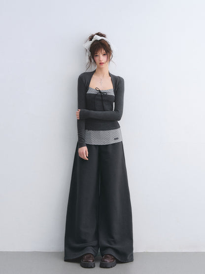 AsGony ASG26032&amp;ASG26033 Color blocked bow polka dot striped patchwork top + pants