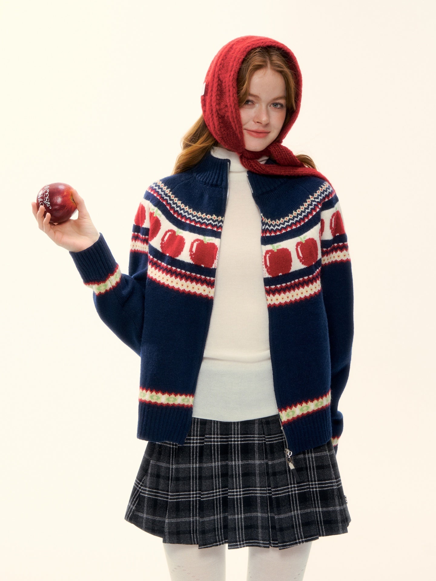 AsGony ASG25626 Wool Fel Island Jacquard Zipper Knitted Sweater Jacket