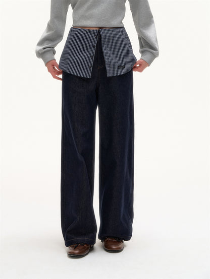 AsGony ASG25423 Checkered splicing fake two-piece straight leg jeans