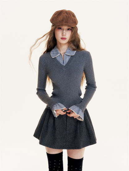 16DEWS 16D25405 Plaid contrasting splicing fake two-piece knitted top