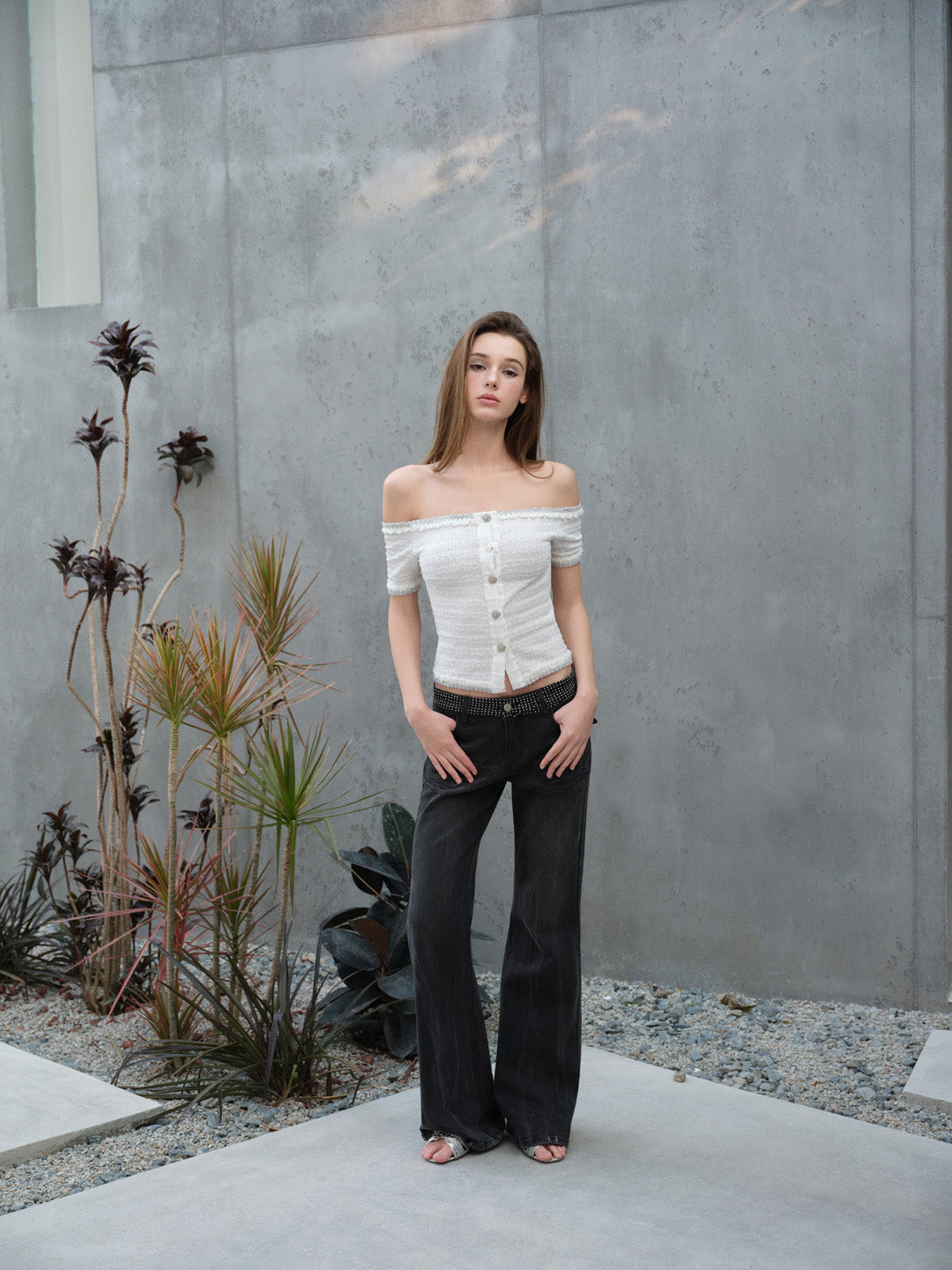 NONCESTNON N320 Lace off shoulder top