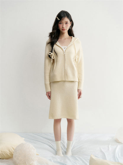 16DEWS 16D26031&amp;16D26032 Drawstring hooded zipper knitted cardigan + skirt
