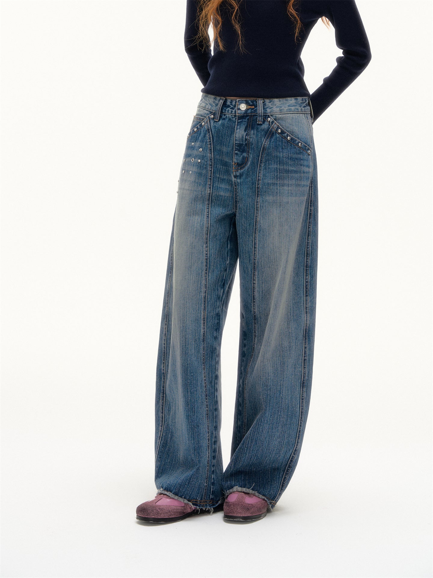 AsGony ASG25376 Rivet washed curved knife jeans