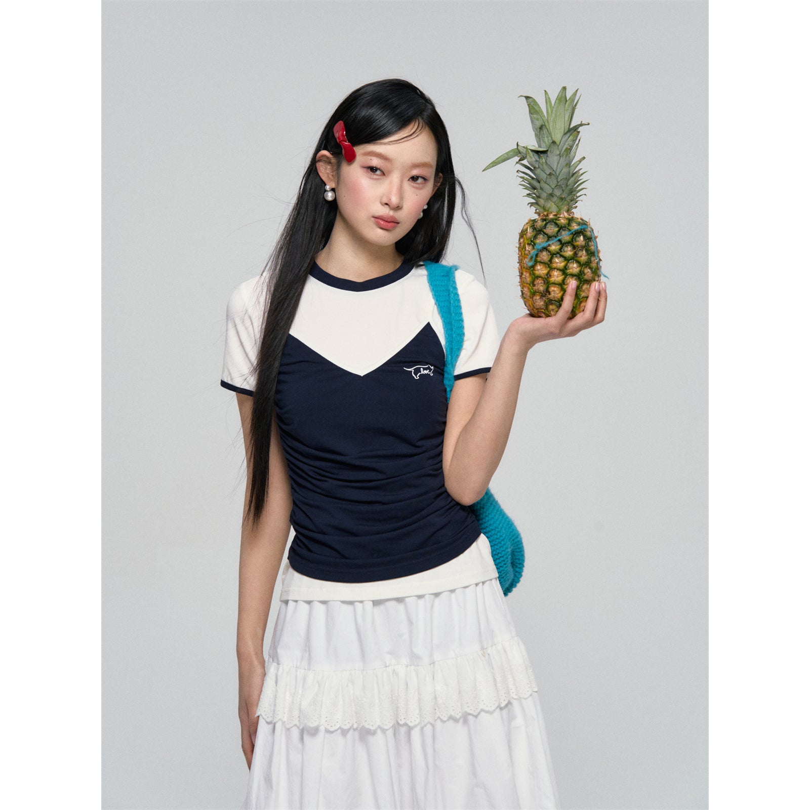 AsGony ASG25063 Color blocking strap style fake two-piece T-shirt