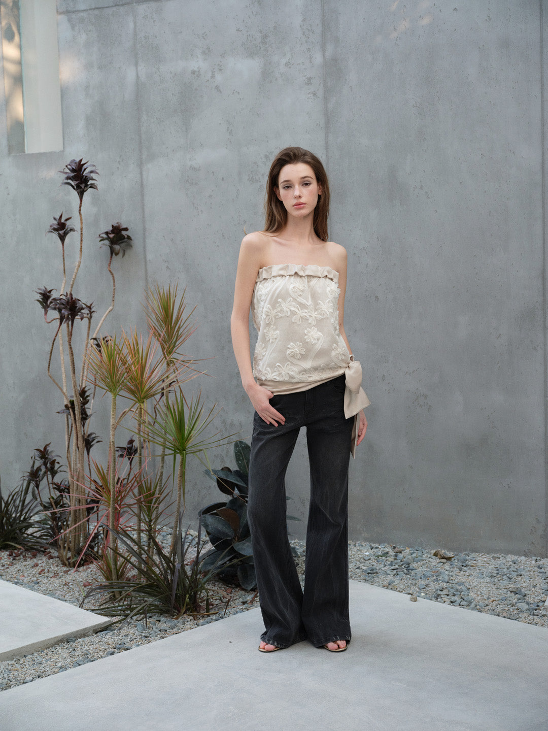 NONCESTNON N293 Satin patchwork lace strapless top