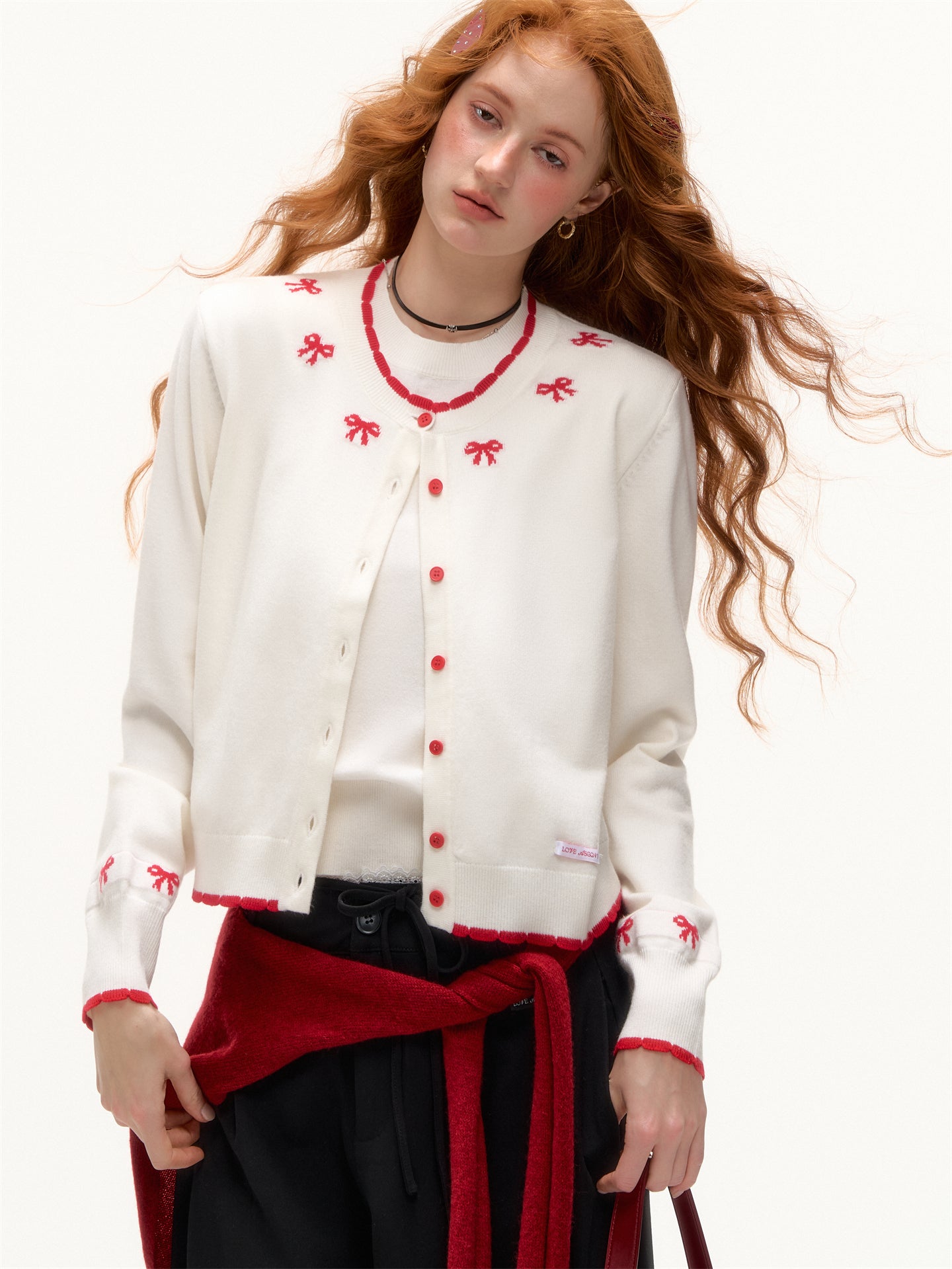 AsGony ASG25379 Fake two piece knot jacquard contrasting knitted cardigan
