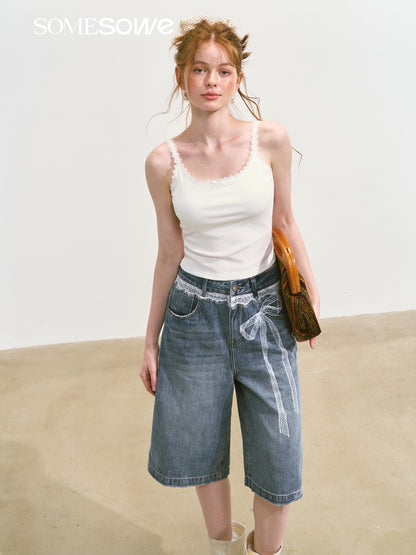 SOMESOWE S2508109 Lace printed wide leg denim shorts