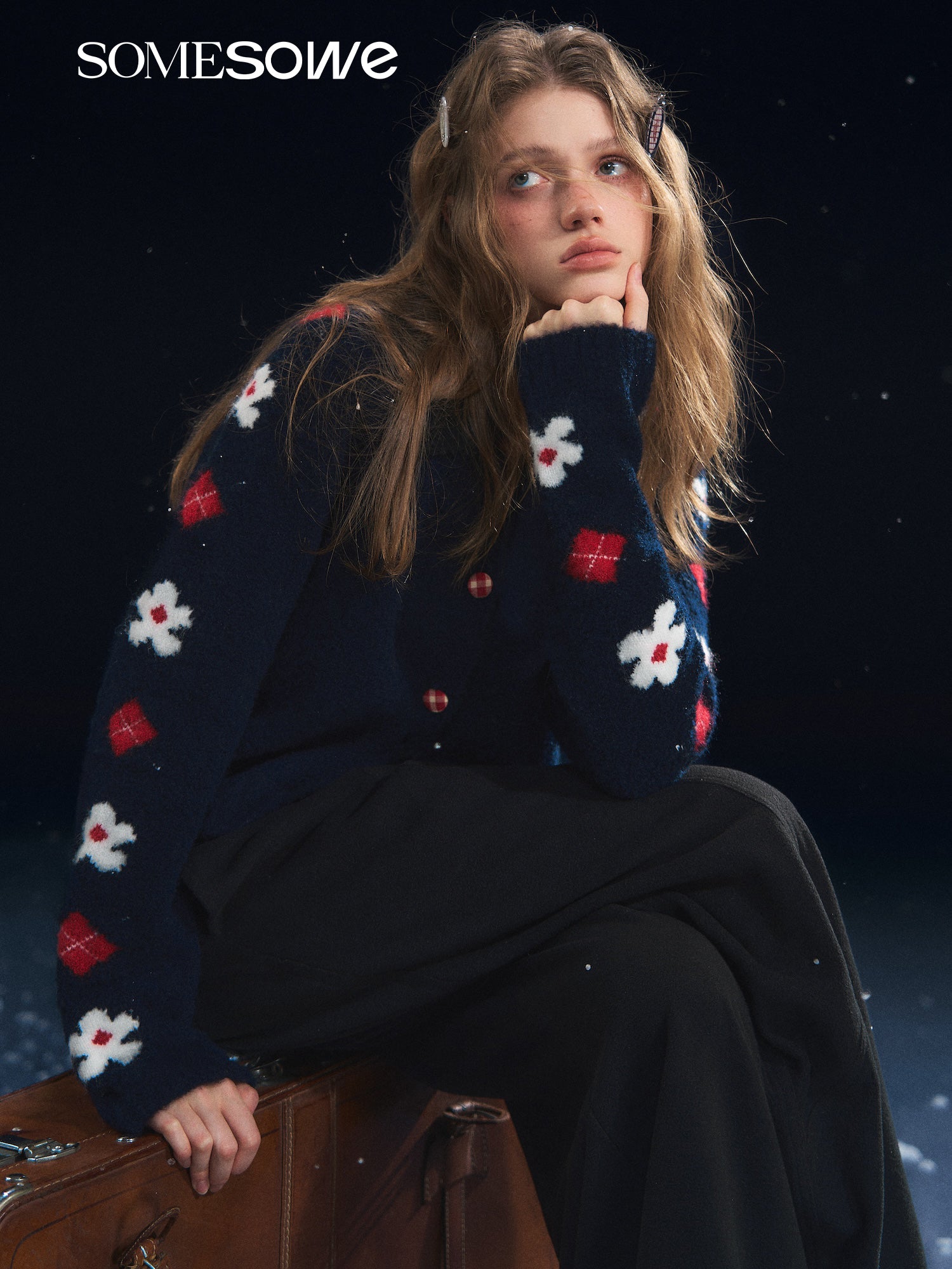 SOMESOWE S2508314 Retro Flower Jacquard Notched Collar Cardigan