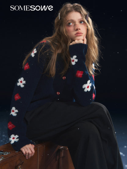 SOMESOWE S2508314 Retro Flower Jacquard Notched Collar Cardigan