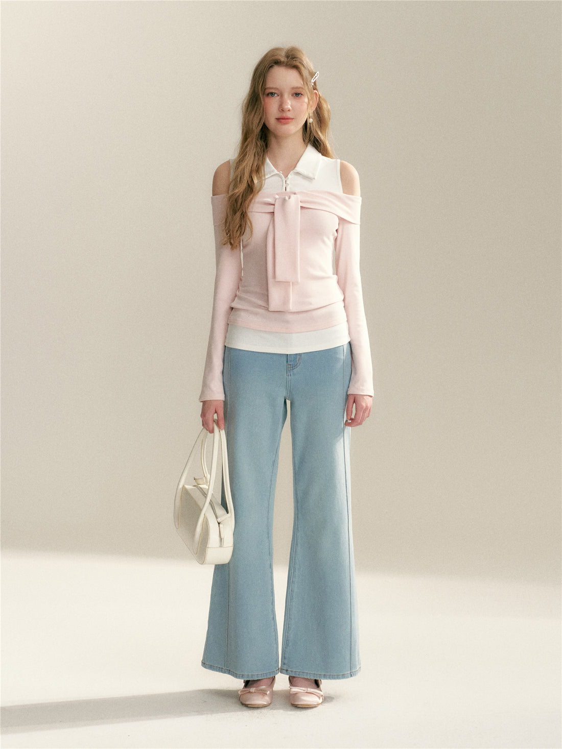 16DEWS 16D26022 Fake two piece off shoulder strap splicing slim fit top