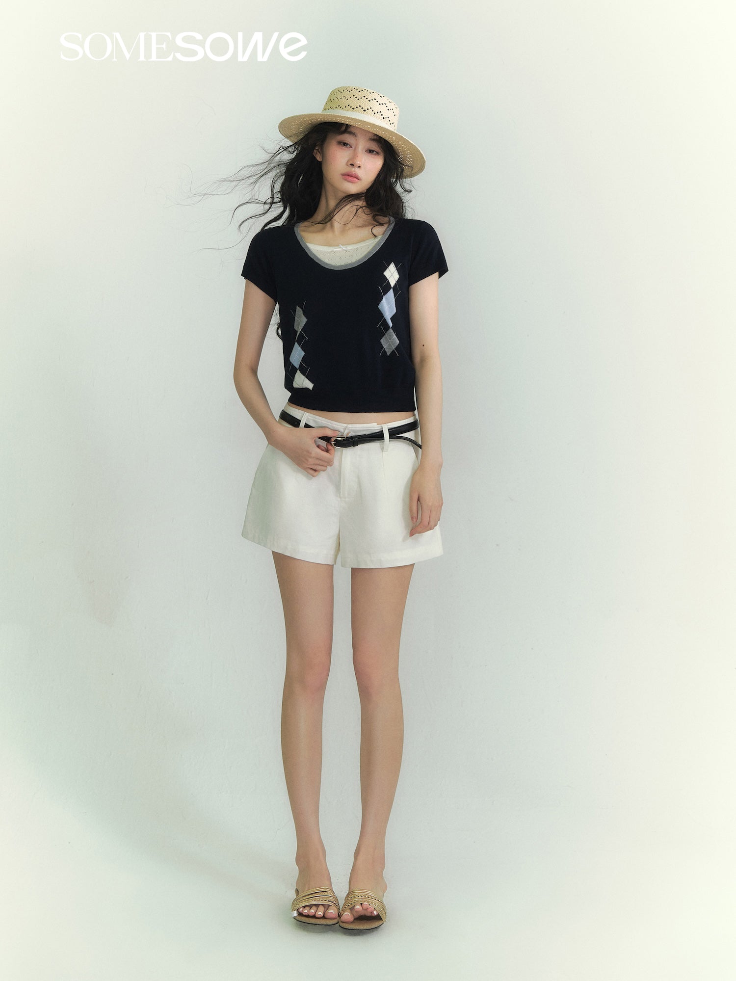 SOMESOWE S2609077 Lingge color matching fake two piece top