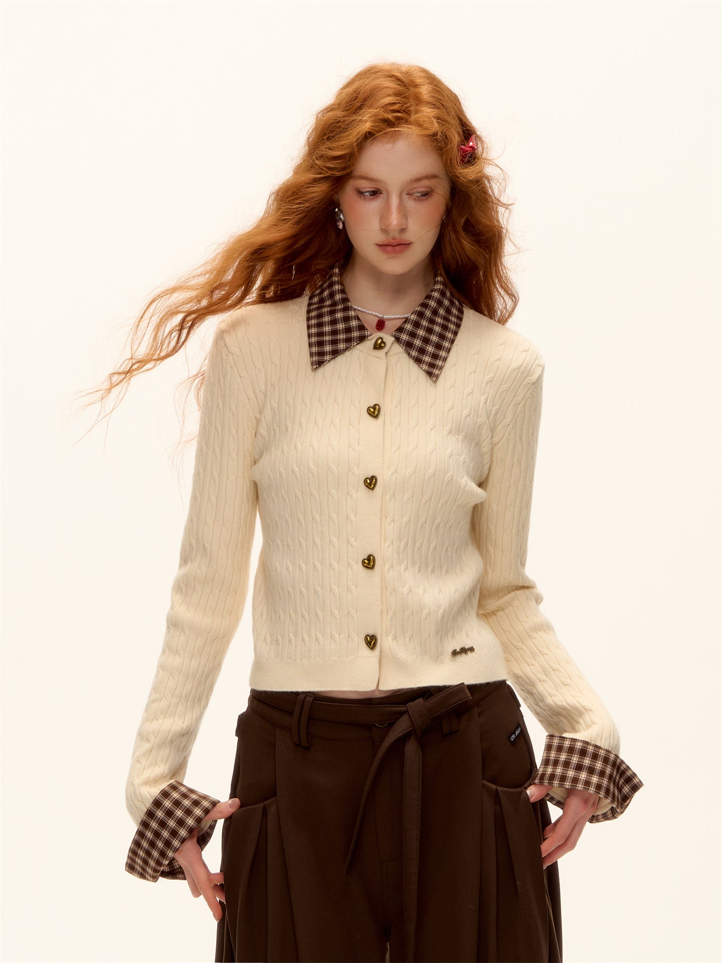 AsGony ASG25485 Wool plaid patchwork shirt collar twisted knit sweater