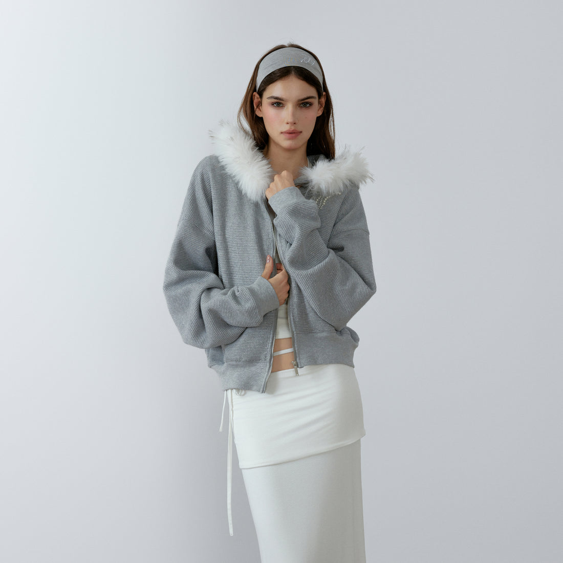 NONCESTNON N227 White fur collar gray hoodie