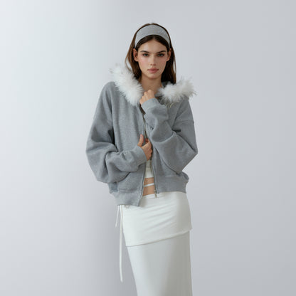 NONCESTNON N227 White fur collar gray hoodie