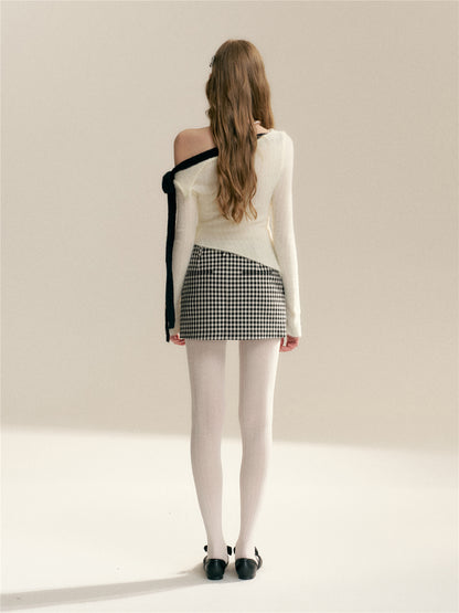 16DEWS 16D26007 Color blocking straps irregular design slim knit sweater