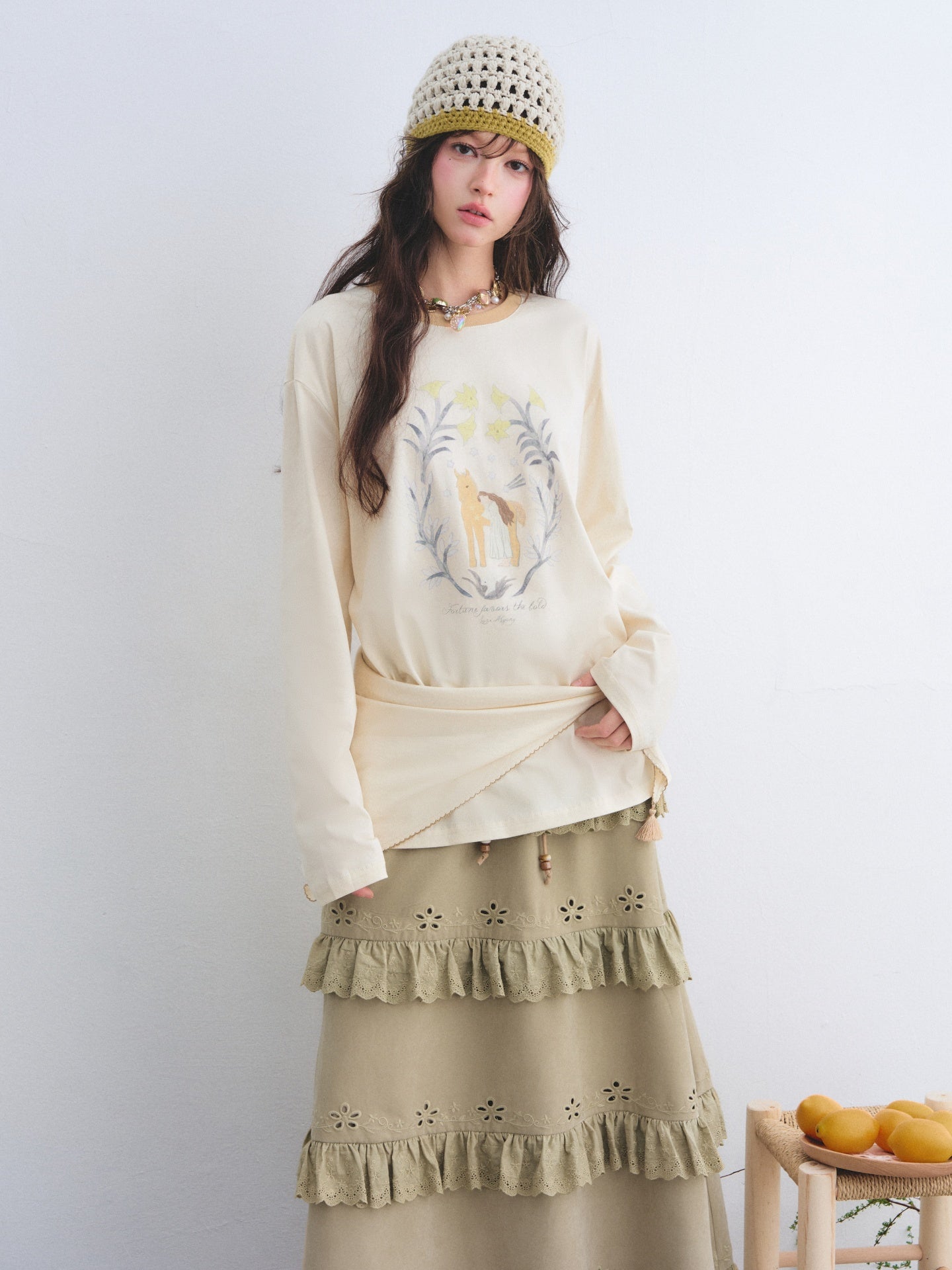 AsGony ASG26025 Triangle shawl pony print T-shirt two-piece set