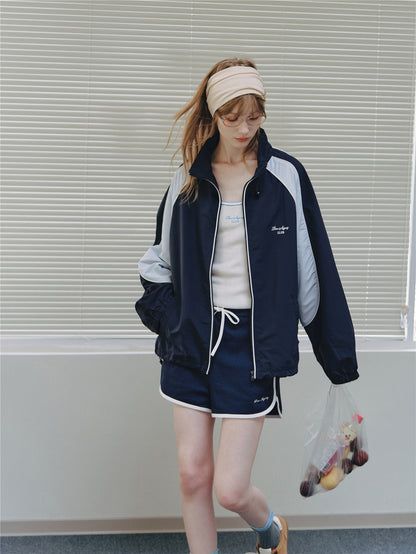Asgony ASG26545 Contrast Patchwork Stand Collar Drawstring Sports Jacket