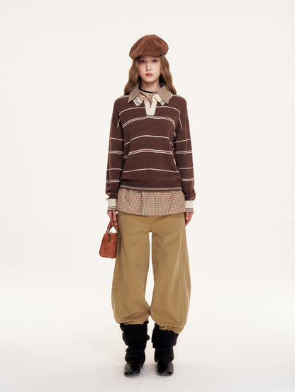 16DEWS 16D25380 Polo collar fake two-piece pullover sweater