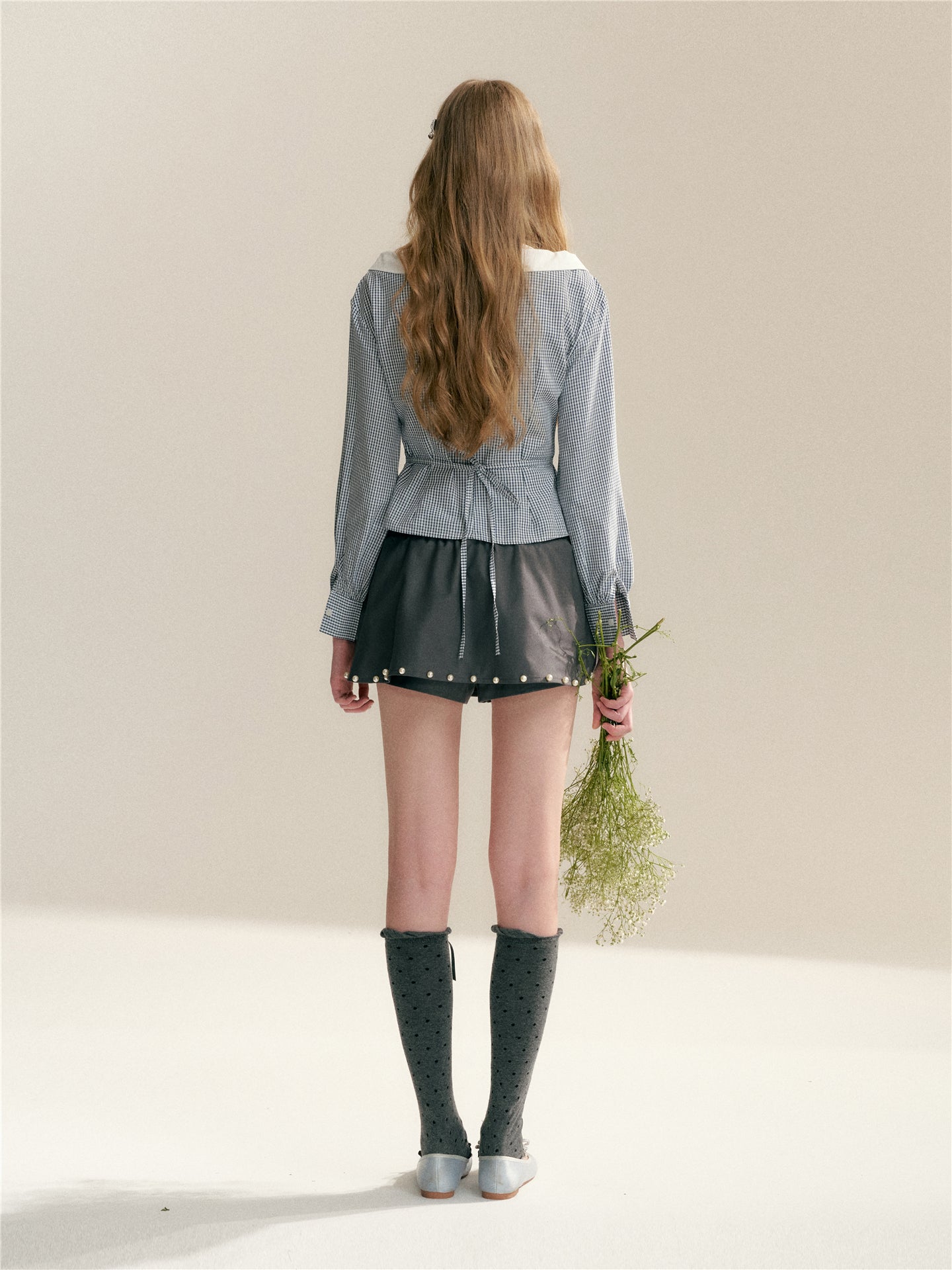 16DEWS 16D26020 Lace edged V-neck plaid patchwork waist cinching shirt