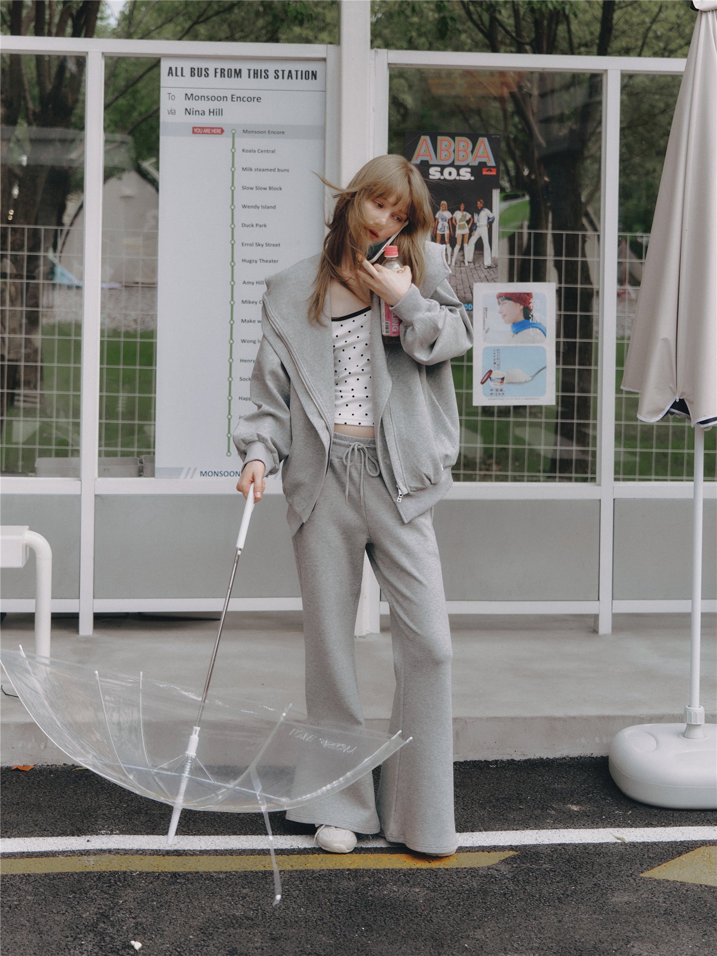 Asgony ASG25665 Oversized Collar Hooded Jacket+ ASG25666 Sweatpants