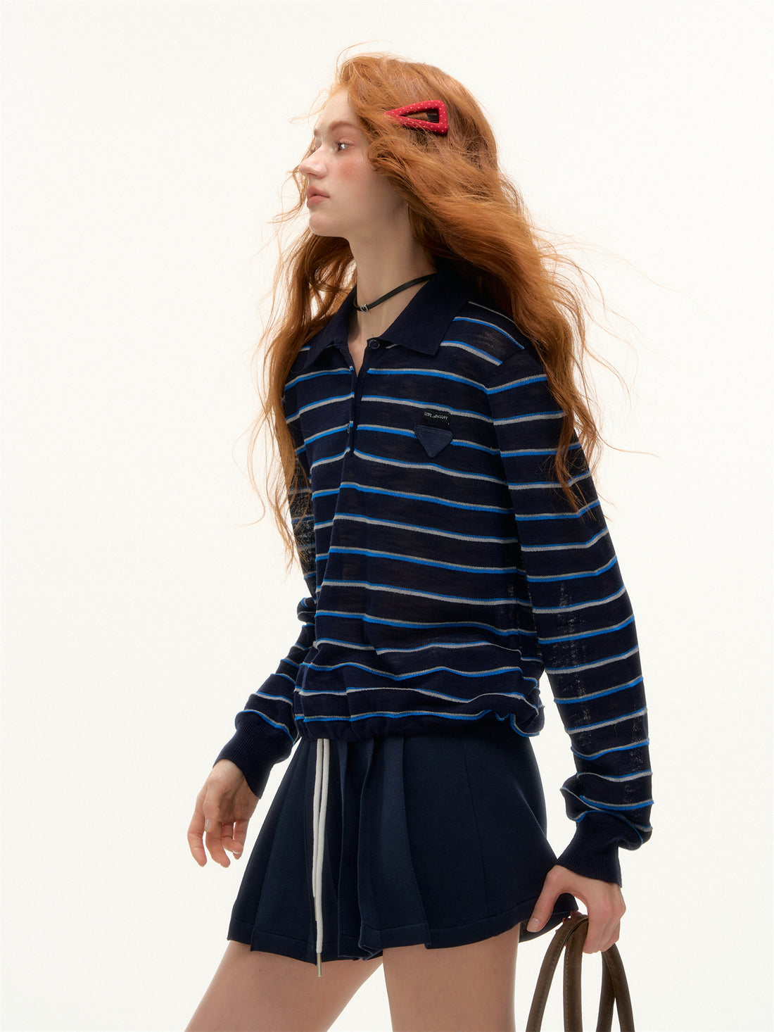 AsGony ASG25391 Striped lapel hem drawstring polo knit base top
