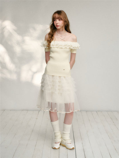 16DEWS 16D26115 Wrinkled ruffle edge knitted top