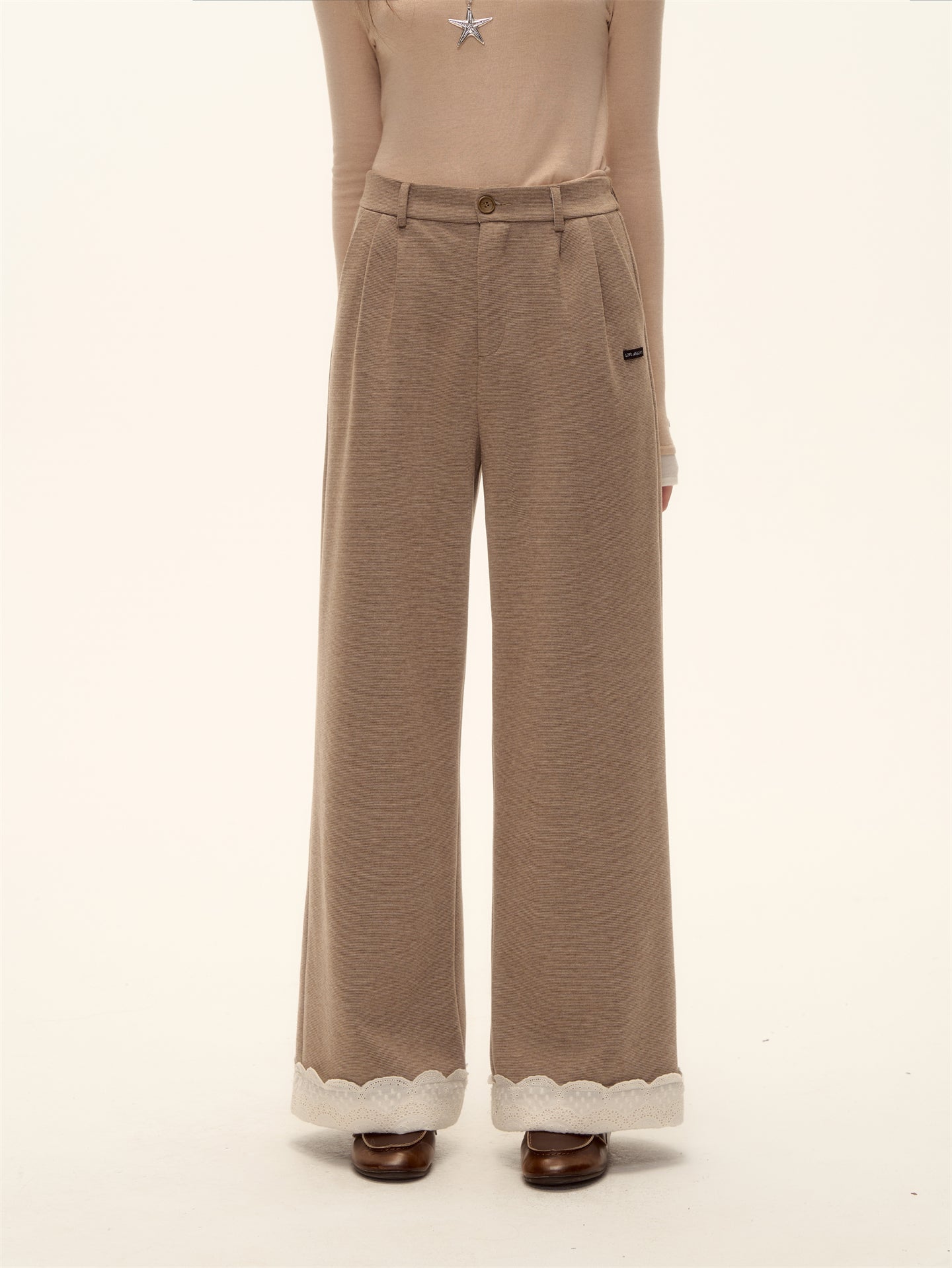 AsGony ASG25473 Embroidered lace straight leg wool casual pants