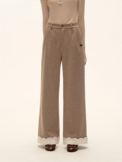 AsGony ASG25473 Embroidered lace straight leg wool casual pants