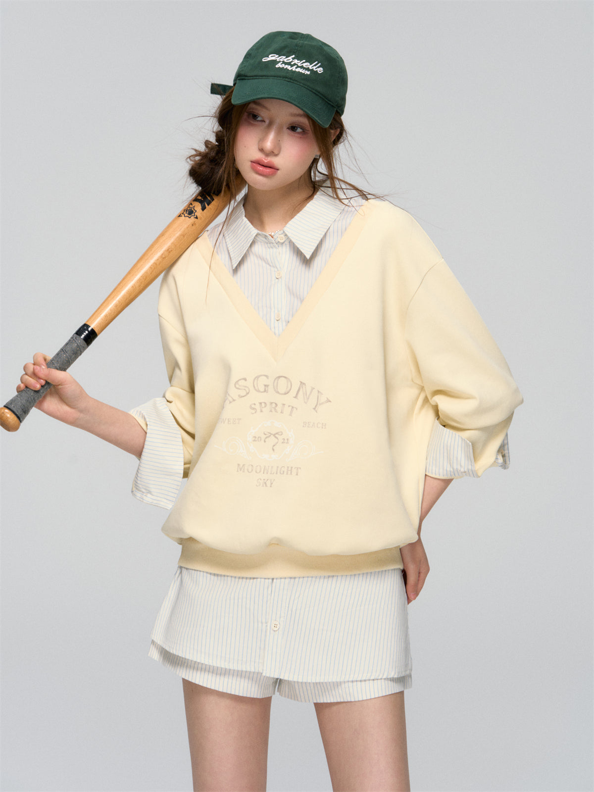AsGony ASG25020&amp;ASG25021 V-neck patchwork shirt sweatshirt + pants skirt set