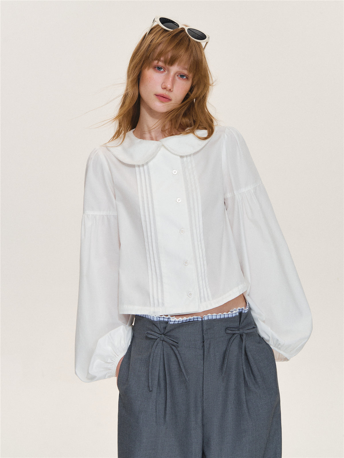 Asgony ASG26565 Tuck-Pleat Lace Trim Collar Blouse