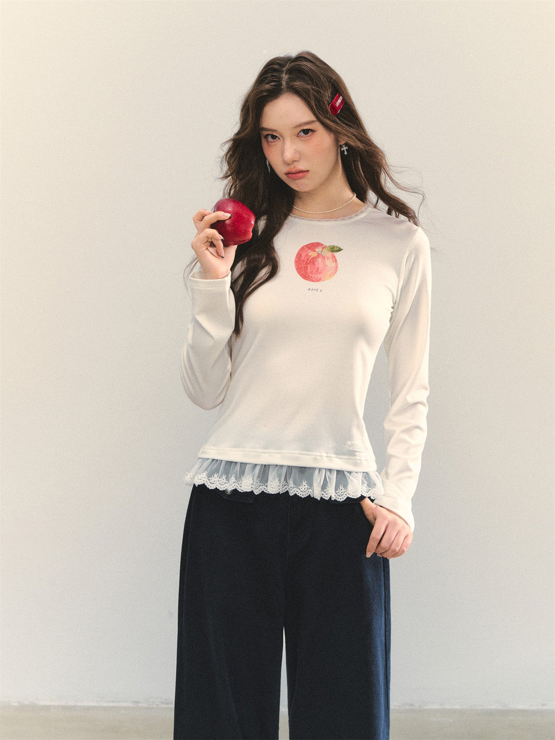 AsGony ASG25321 Round neck fruit print lace patchwork base top