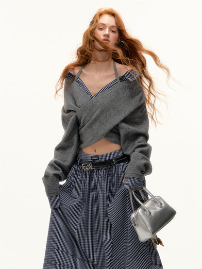 AsGony ASG25411 Off shoulder checkered spliced cross sweater