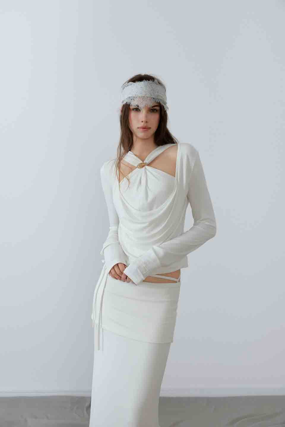 NONCESTNON N233 White fake two-piece knot long sleeved top