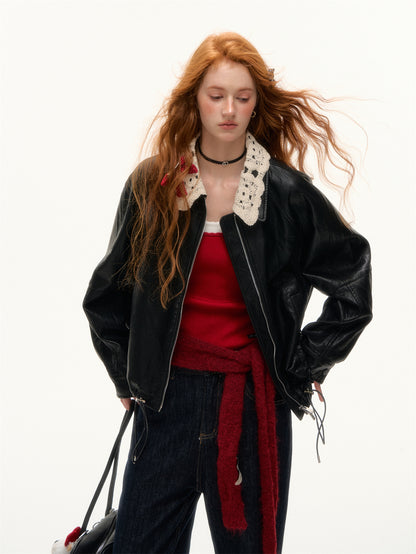 AsGony ASG25392 Detachable hand hook collar zipper leather jacket