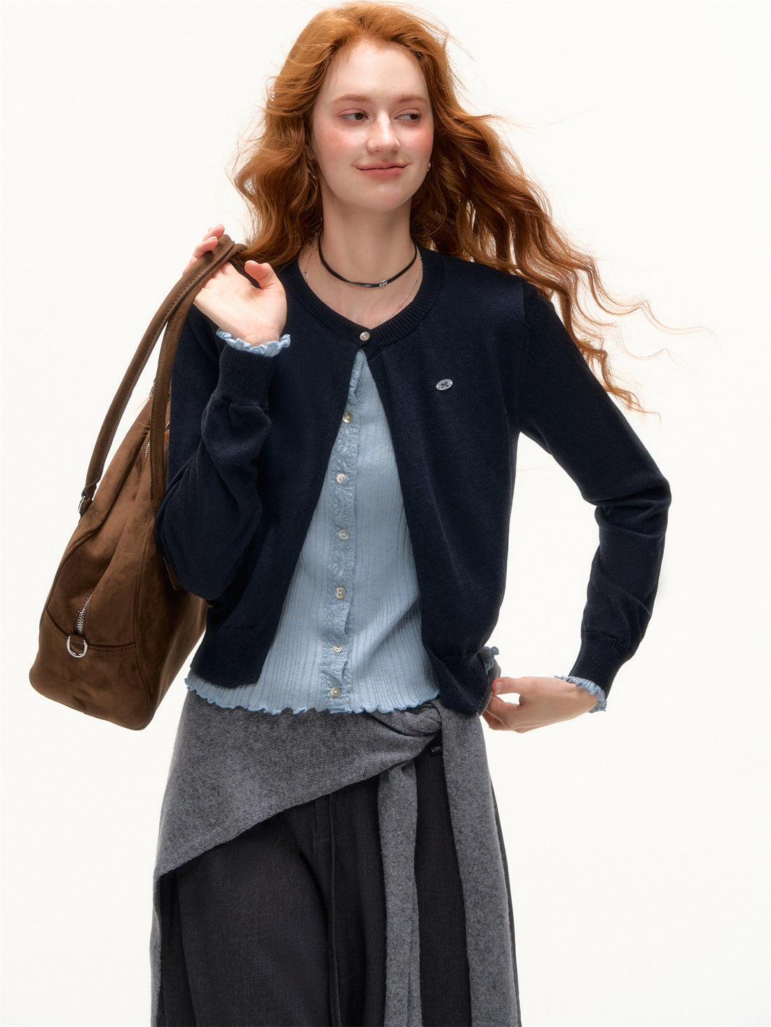 AsGony ASG25409 Color blocking fake two-piece spliced knitted cardigan
