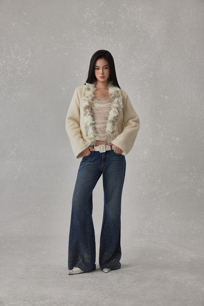 NONCESTNON N275 Knitted fur collar buttonless jacket