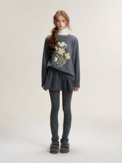 16DEWS 16D25452 3D jacquard contrasting floral pullover sweater