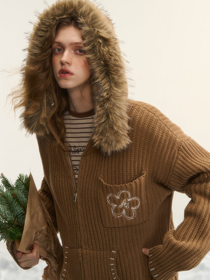 AsGony ASG25552 Detachable fur collar texture embroidered knit cardigan