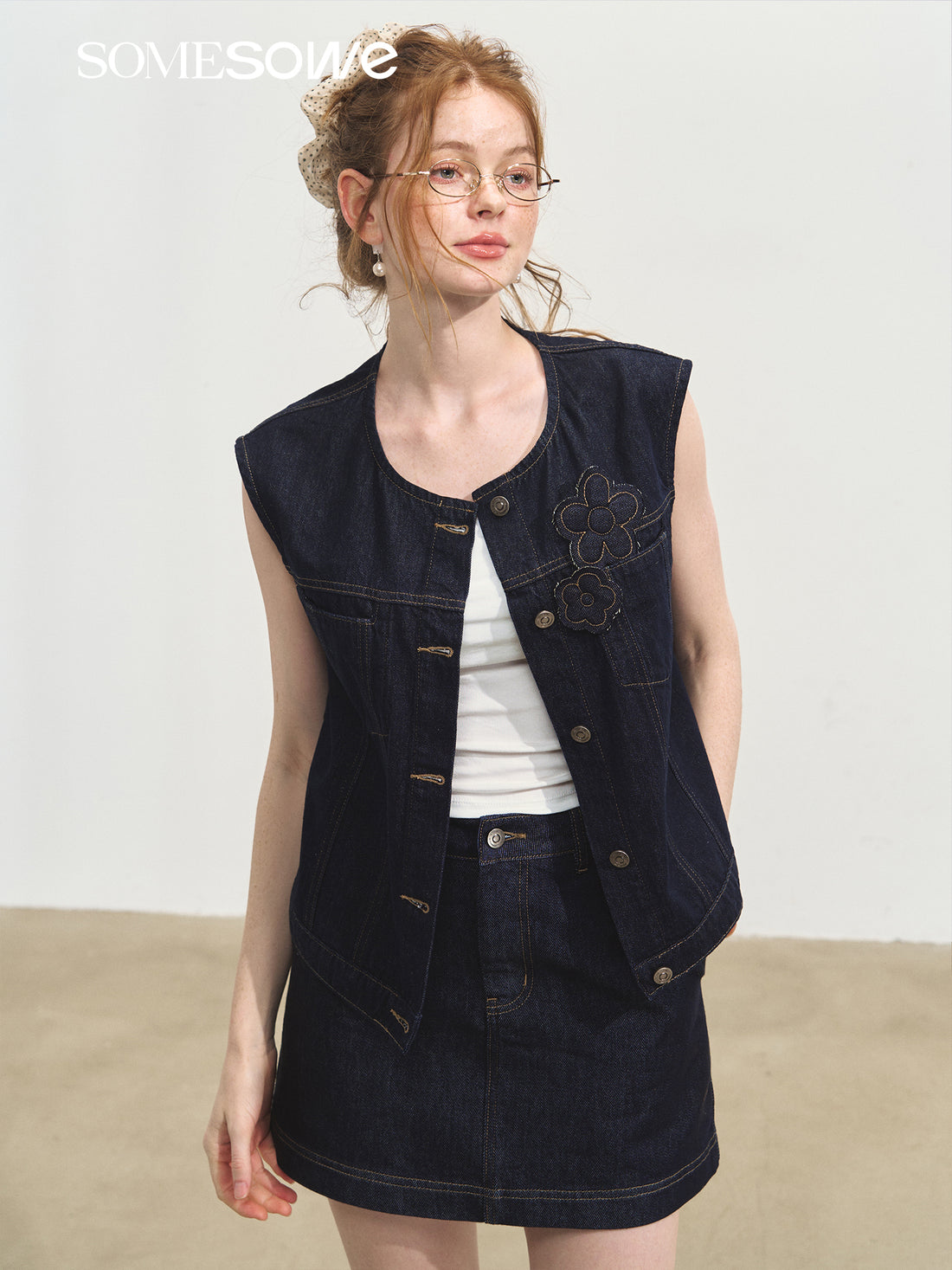 SOMESOWE S2508105&amp;S2508106 Stacked loose denim vest + shorts set