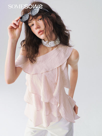 SOMESOWE S2609109 Multi layered ruffle edge sloping shoulder top