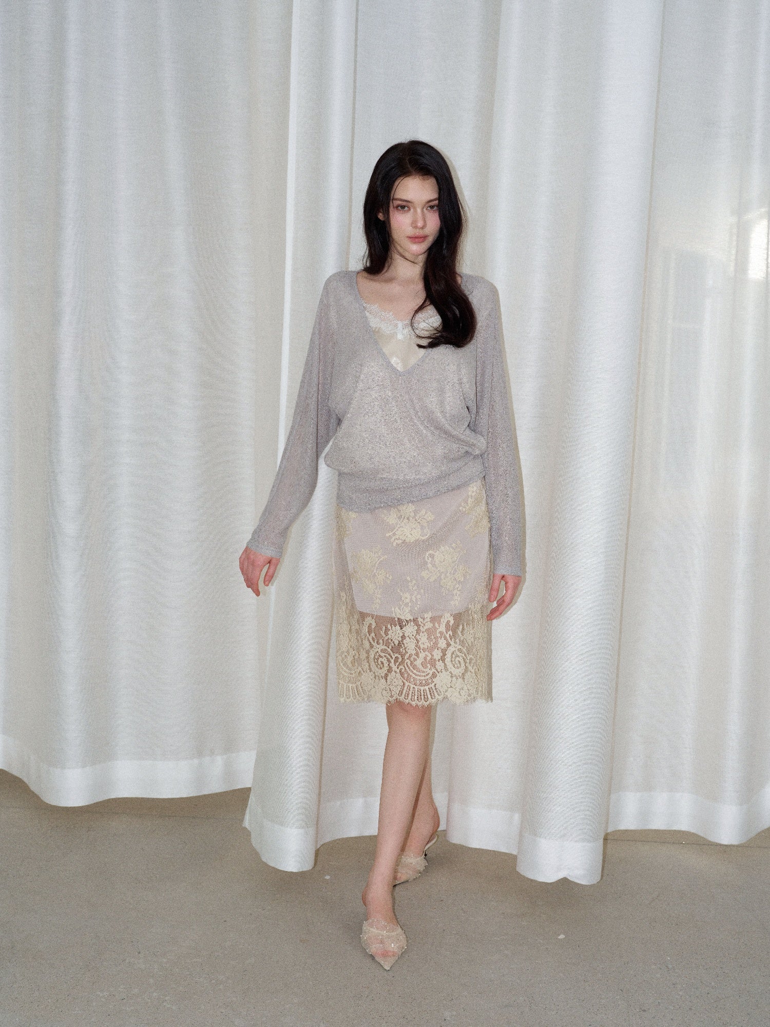 NONCESTNON N380 Champagne Lace Midi Skirt