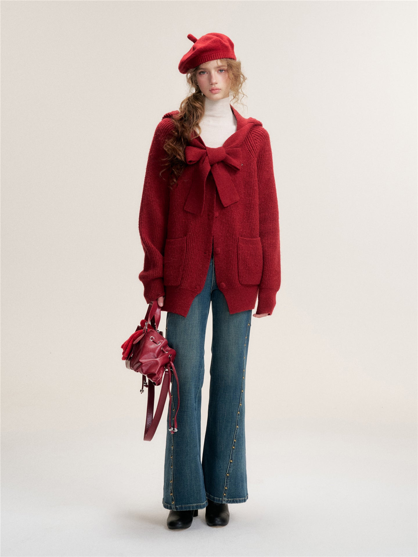 16DEWS 16D25473 Bow tie V-neck loose knit cardigan (with knit cap)