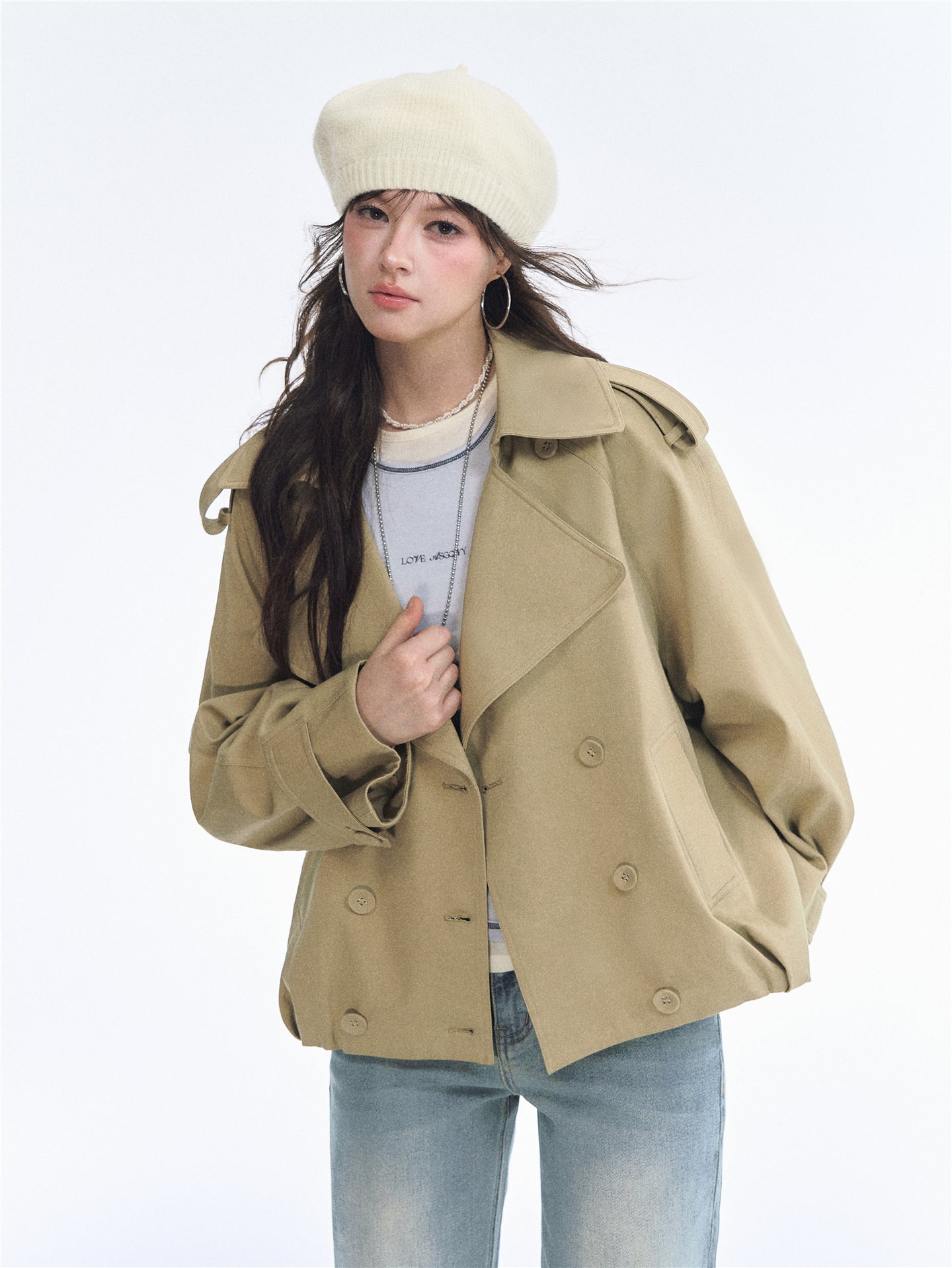 Asgony ASG26553 Tulip Stand Collar Double-Breasted Trench Coat
